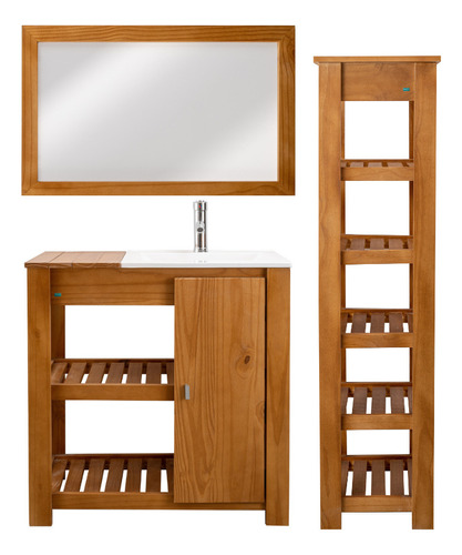 Combo Vanitory Madera 80 Cm Bacha Puerta Organizador Espejo