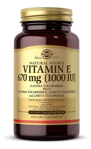 Vitamina E 670 Mg 1000 Iu Solgar 100 Capsulas Vegetarianas Sabor Neutro