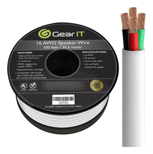 Gearit 16/4 Cable De Altavoz (100 Pies) Calibre 16awg - Seg