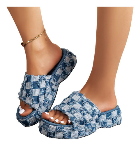 Chanclas De Playa Azul Suela Gruesa Para Mujer Cuadros Denim