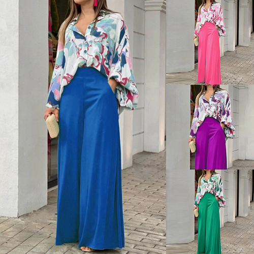 Conjunto Camisa Con Estampado Suelto Y Pantalón Ancho