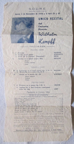Antiguo Programa Sodre Piano Wilhelm Kempff 1948 Montevideo 