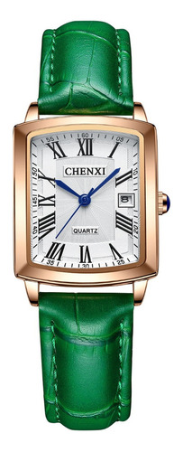 Reloj Impermeable Elegante De Cuero Cuadrado Chenxi Color De La Correa Verde