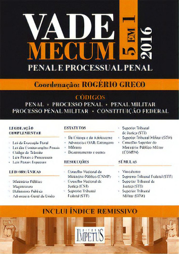 Vade Mecum Penal E Processual 5 Em 1 2016, De Rogério Greco. Editorial Impetus, Tapa Mole En Português, 2016