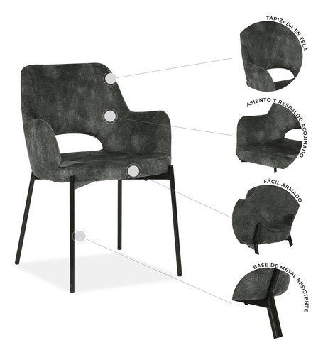 Set De 2 Sillas De Comedor 3038 Shcola Estructura de la silla Negro Asiento Gris oscuro Diseño de la tela Liso