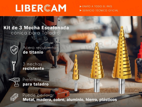 Imagen 3 de 10 de Set Kit Mecha Escalonada Conica Titanio Taladro Metal Madera