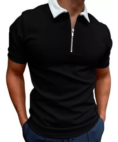 Polo De Manga Sólida Para Hombre Con Cremallera