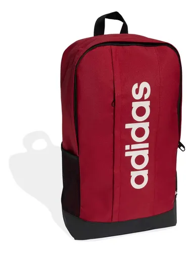 Mochila adidas modelo Linear na cor borgonha com logo branco estampado na vertical e base preta
