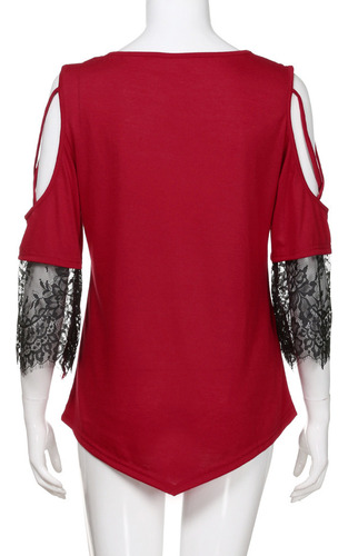 Camiseta Casual De Encaje Con Hombros Descubiertos De Talla