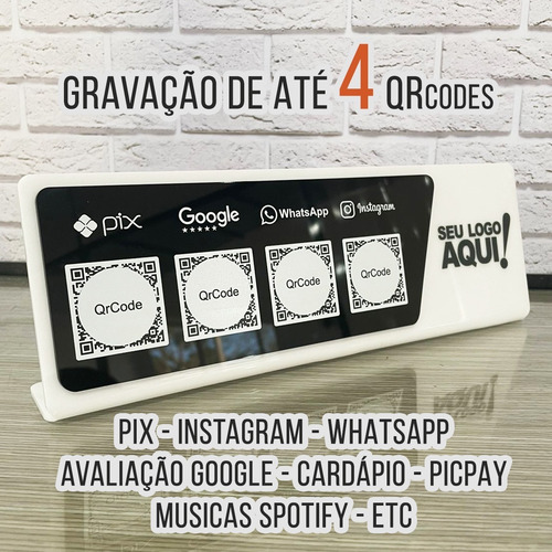 Placa Display 4 Qrcode Acrílico Pix Google Wi-fi Instagram