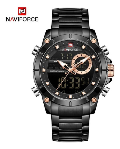 Relógio Masculino Anadigi Naviforce 9163 Preto Inox Casual