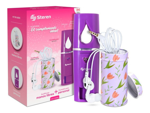 Paquete De Audífonos Lata Decorativa Y Mini Humidificador Color Rosa