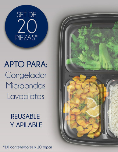 Pack 20 Contenedores 34oz De 3 Compartimentos Almuerzo Color Negro