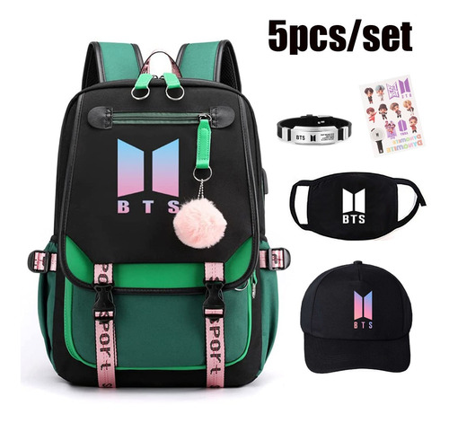 5 Piezas Bts Mochila Escolar Máscara Pulsera Regalo Para Niñ