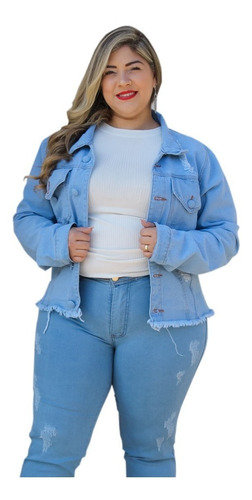 Jaqueta Jeans Feminina Plus Size Detalhe Desfiado Do P Ao G4