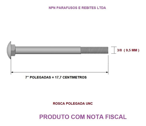 Parafuso Frances 3/8 X 7 ( 17,7 Cm) Zincado Com Porca 12 Pçs