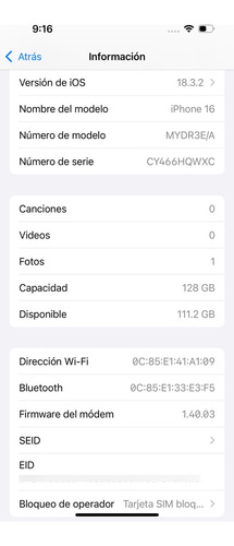 Apple Iphone 16. 100% De Pila. At&t. 128gb Color Blanco Blanco (Usado)