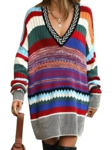 Vestido Tipo Suéter Multicolor Bohemio Largo Silueta Amplía 