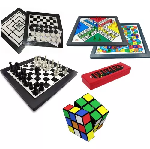 Kit 5 Jogos ( Dama E Trilha + Xadrez + Ludo + Cubo + Domino)