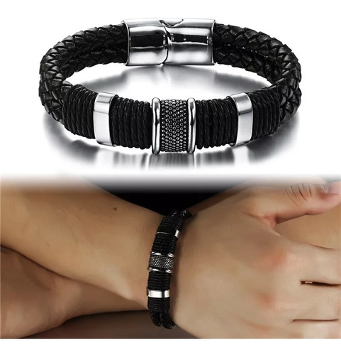 Pulsera Brazalete Cuero Trenzado Acero Mujer Hombre 