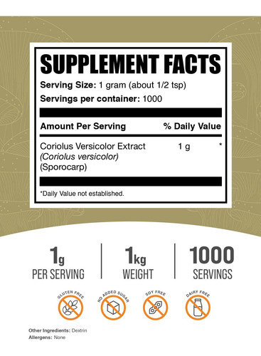 Bulksupplements Polvo Extracto Hongo Cola De Pavo 1kg