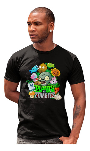 Playera Negra Cleen Logo Personajes Plantas Vs Zombies