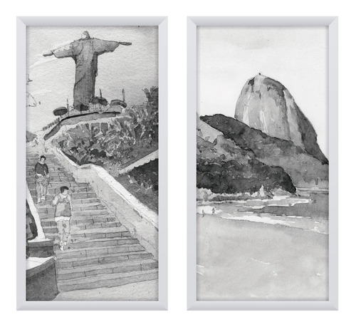 2 Quadros Composição C/ Moldura Rio Janeiro Preto Branco