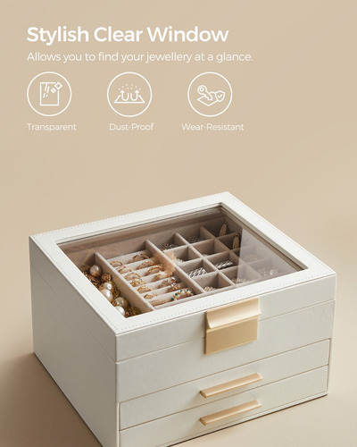 Caja Joyero De 3 Niveles Songmics Con 2 Cajones Color Blanco Nube Dorado