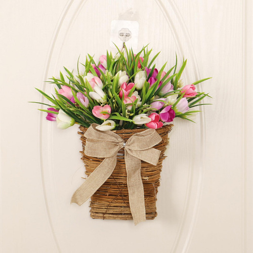 Spring Wreath Fake Floral Basket Hanging Ornament Para Home