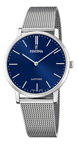 Festina Reloj Acero Hombre Swiss Made Analogico Zafiro Correa Plateado Bisel Plateado Fondo Azul