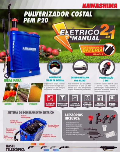 Pulverizador Costal Bateria E Manual Kawashima 20l Pemp20