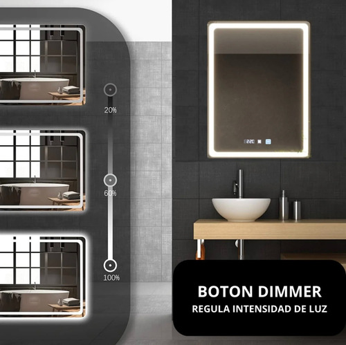 Espejo Rectangular Touch 50x70 3 Luces+dimmer+antifog+reloj