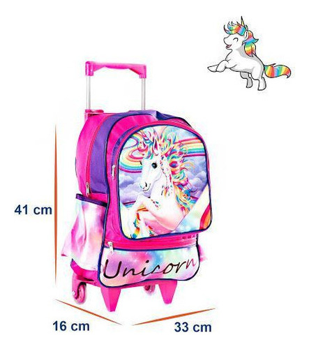 Mochila Escolar Infantil Unicórnio Com Rodinha