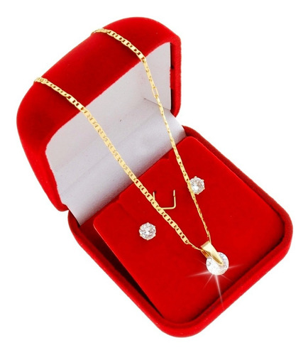 Colar E Brinco Pulseira Ponto De Luz De Zircônia F. Ouro 18k
