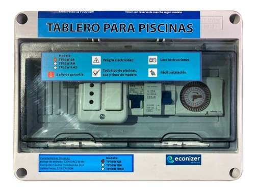 Tablero Piscina, Timer Grasslin  Hasta 2 Hp/focos 50watts