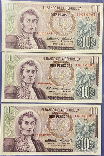 Trio Billetes Colombia De 10 Pesos Oro Consecutivos