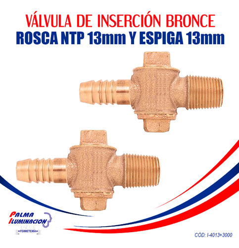 Válvula De Inserción Bronce Rosca Ntp 13mm Y Espiga - 2 Pzas