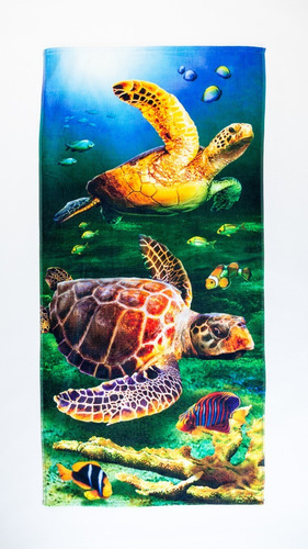 Toalla De Playa Estampada Tortugas, 100% De Algodón, Hilasal Color Verde Turtles Blue Sea