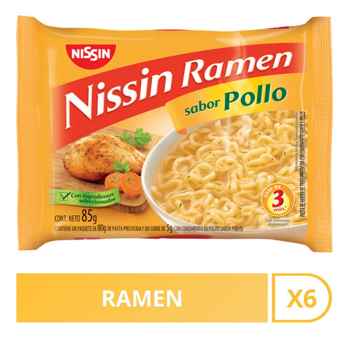 Ramen Nissin Pollo 85 Gr. Pack X6 U. Fideos En 3 Minutos