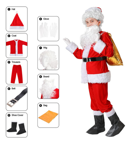 Zakun Conjunto De Traje De Papá Noel Para Niños, 9 Piezas.