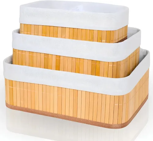 Kit 3 Cestos Organizadores De Bambu Com Forro Multiuso Natural