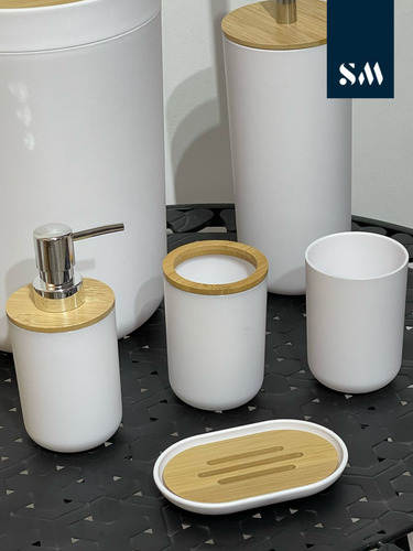 Juego De Accesorios Para Baño Cesto Cepillo Dispenser Blanco