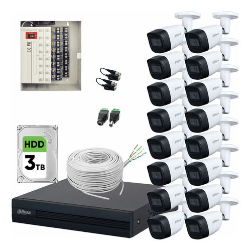 Dahua Kit de Video Vigilancia 16 Cámaras 5 MP 3 TB de Disco Duro + Bobina de Cable UTP Cat53 y Transceptores Cámaras de Seguridad con Detección de Movimiento Circuito Cerrado Con Micrófono