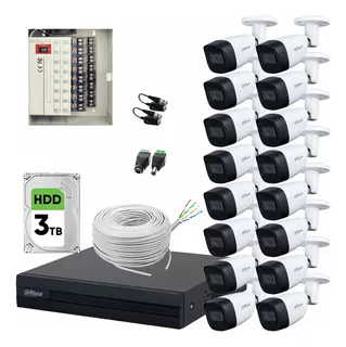 Dahua Kit de Video Vigilancia 16 Cámaras 5 MP Metálicas 3 TB de Disco Duro + Bobina de Cable UTP Cat53 y Transceptores Cámaras de Seguridad con Detección de Movimiento Circuito Cerrado Con Micrófono