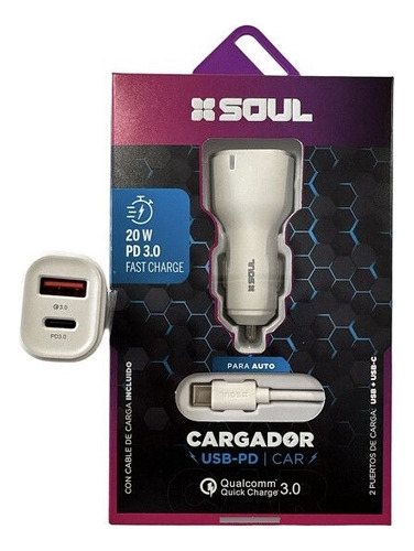 Cargador Auto Soul - Usb + Tipo C Nativo - Alta Potencia 20w