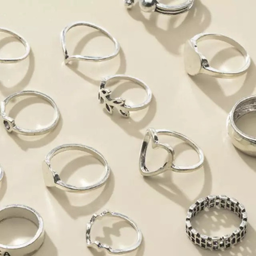 Set Conjunto Anillos Corazón Pluma Geometrico