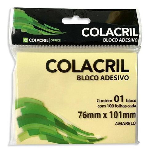 Bloco Adesivo Colacril Amarelo 76x101mm Com 100 Fls Cx 12un