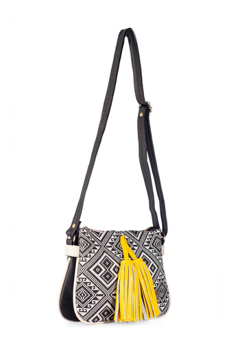 Bolsa Crossbody De Piel Genuina Con Textil Etnico Angelozano Color Negro Diseño de la tela Jaqueline Etnico