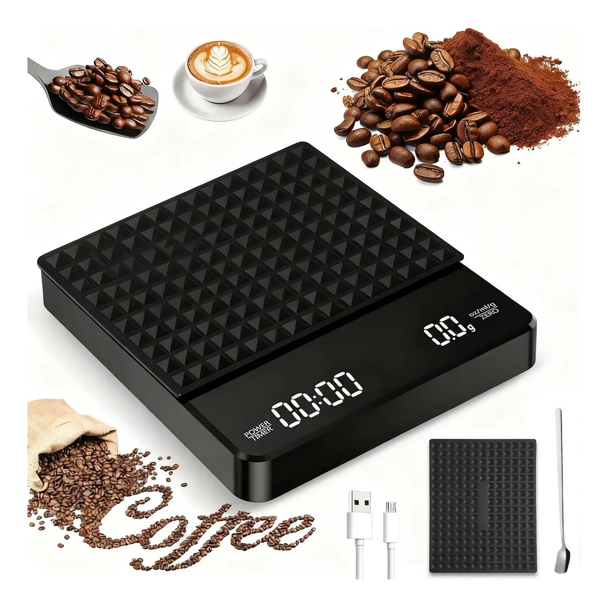 Bascula Digital Gramera De Café Con Temporizador Gitifo, Báscula De Alimentos De Cocina Recargable Con Led Digital Conttara Automática Recargable Por Usb De 10kg