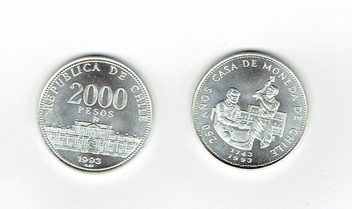 Moneda De Chile Conmemorativa, 2000 Pesos, 1993.  Jp